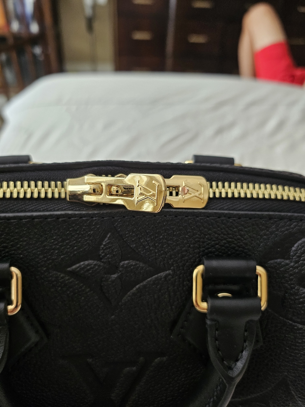 Louis Vuitton Black Monogram Embossed Satchel with Gold Hardware